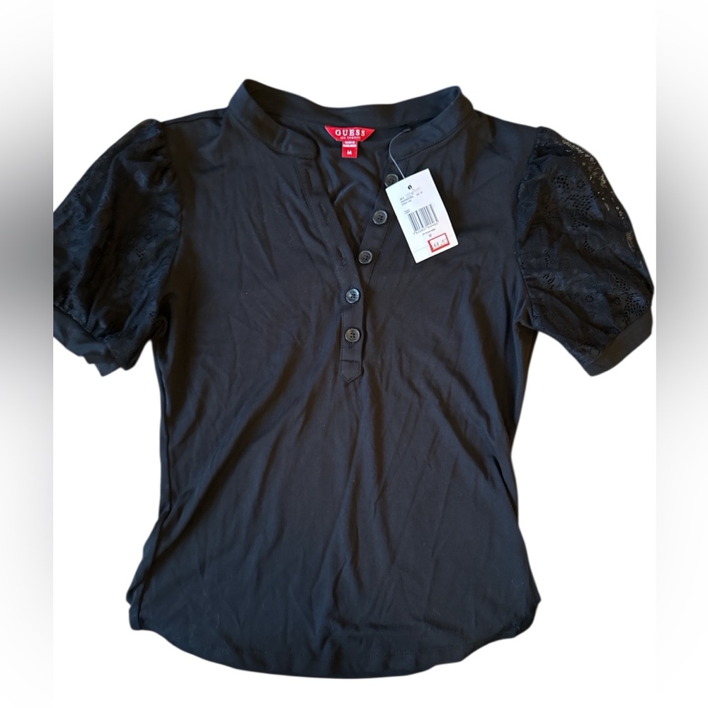 Guess Black Short Sleeve Top with Lace Detail, size M